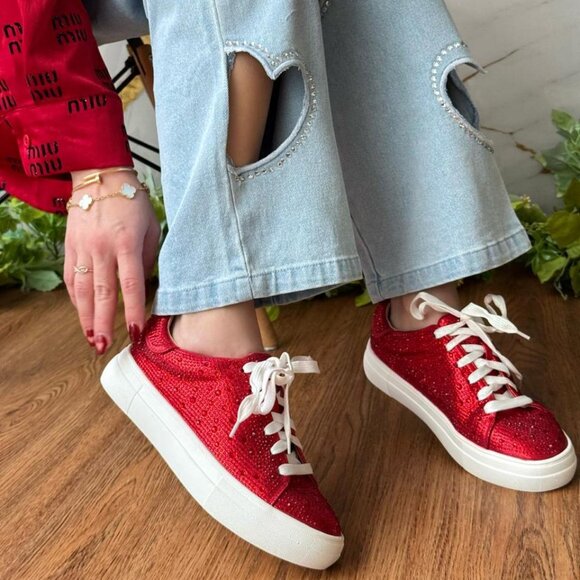 NEW🔥 Sparkling Red Rhinestone Crystal Embellished Lace Up Flat Platform Sneaker - Picture 1 of 8